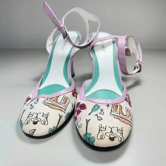Nine West Leather Ankle Strap Wedge Pastel  Color Canvas Print Shoes - Picture 4 of 9